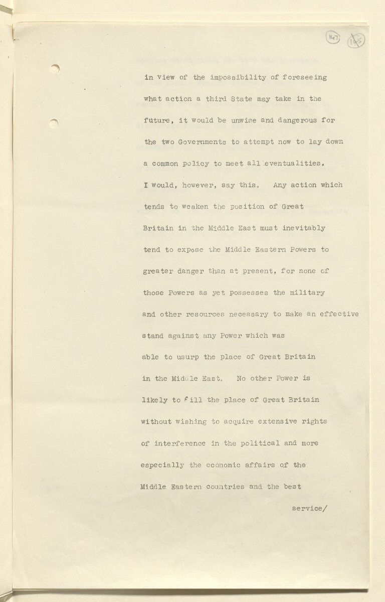Coll 6/21(2) 'Saudi Arabia: Relations with H.M.G.: Saudi Legation in London and British Minister in Jeddah. Prolongation of Treaty of Jedda.' [&lrm;147r] (293/761)