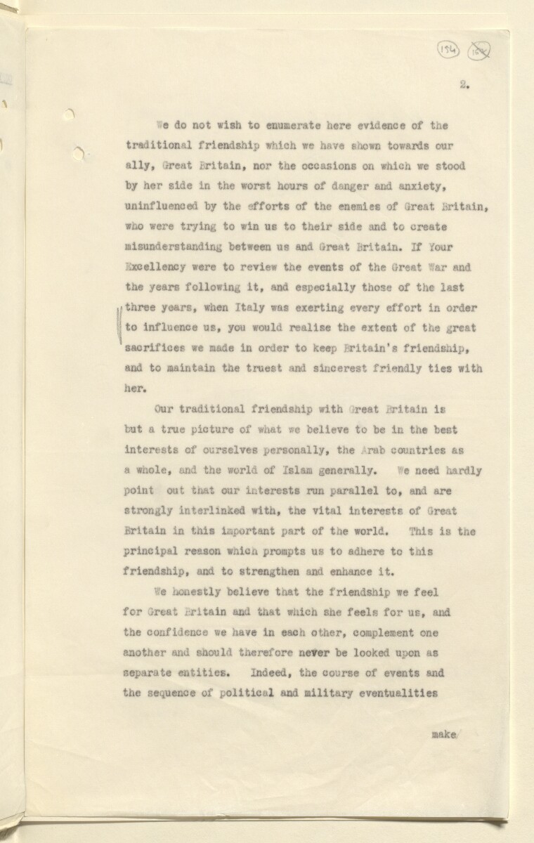 Coll 6/21(2) 'Saudi Arabia: Relations with H.M.G.: Saudi Legation in London and British Minister in Jeddah. Prolongation of Treaty of Jedda.' [&lrm;154r] (307/761)