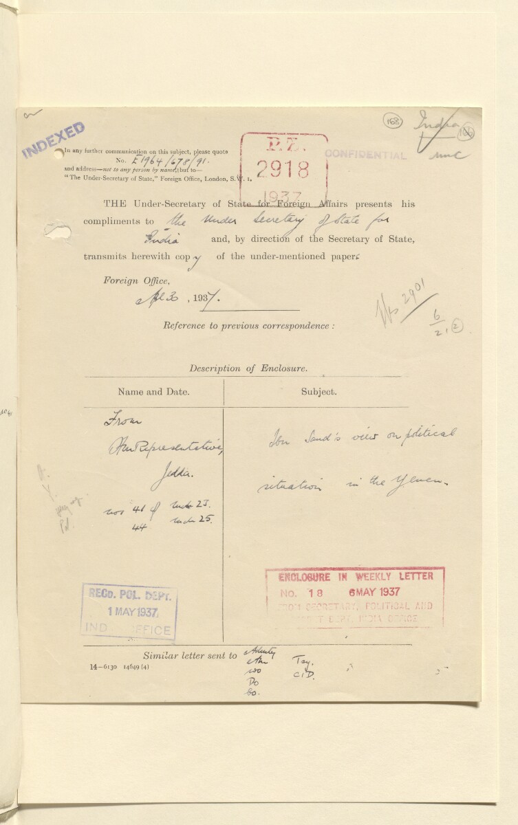 Coll 6/21(2) 'Saudi Arabia: Relations with H.M.G.: Saudi Legation in London and British Minister in Jeddah. Prolongation of Treaty of Jedda.' [&lrm;168r] (335/761)