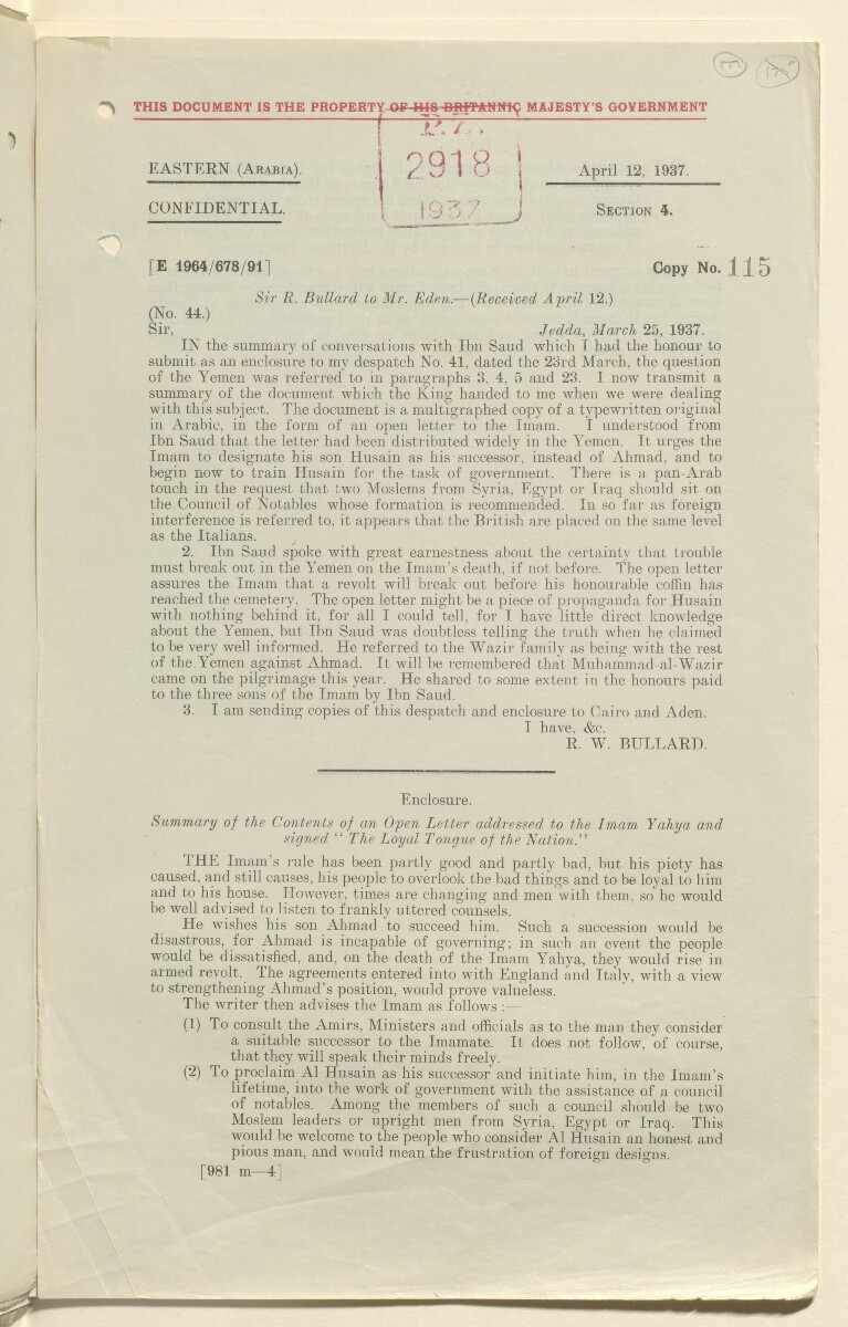 Coll 6/21(2) 'Saudi Arabia: Relations with H.M.G.: Saudi Legation in London and British Minister in Jeddah. Prolongation of Treaty of Jedda.' [&lrm;177r] (353/761)