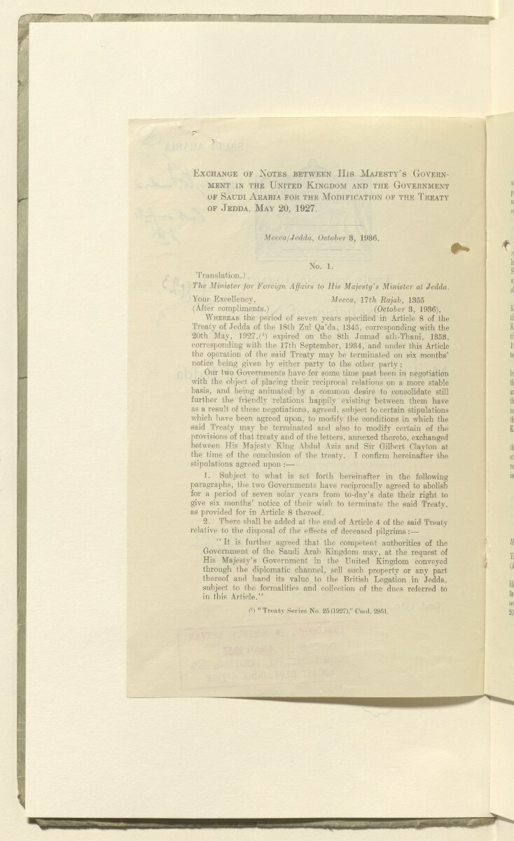 Coll 6/21(2) 'Saudi Arabia: Relations with H.M.G.: Saudi Legation in London and British Minister in Jeddah. Prolongation of Treaty of Jedda.' [&lrm;189v] (378/761)