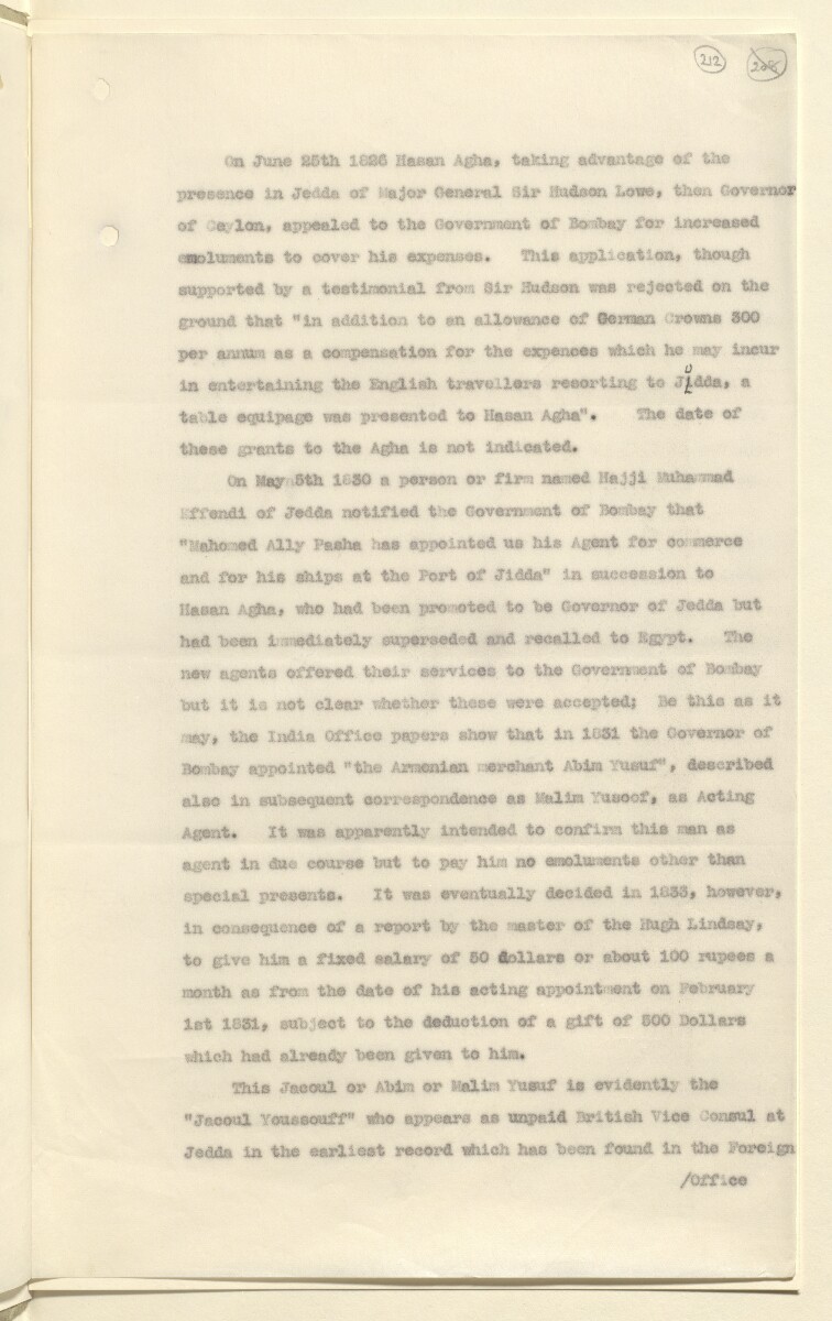 Coll 6/21(2) 'Saudi Arabia: Relations with H.M.G.: Saudi Legation in London and British Minister in Jeddah. Prolongation of Treaty of Jedda.' [&lrm;212r] (423/761)