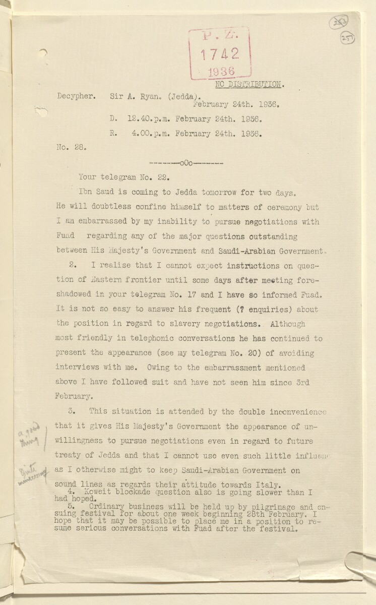 Coll 6/21(2) 'Saudi Arabia: Relations with H.M.G.: Saudi Legation in London and British Minister in Jeddah. Prolongation of Treaty of Jedda.' [&lrm;257r] (513/761)