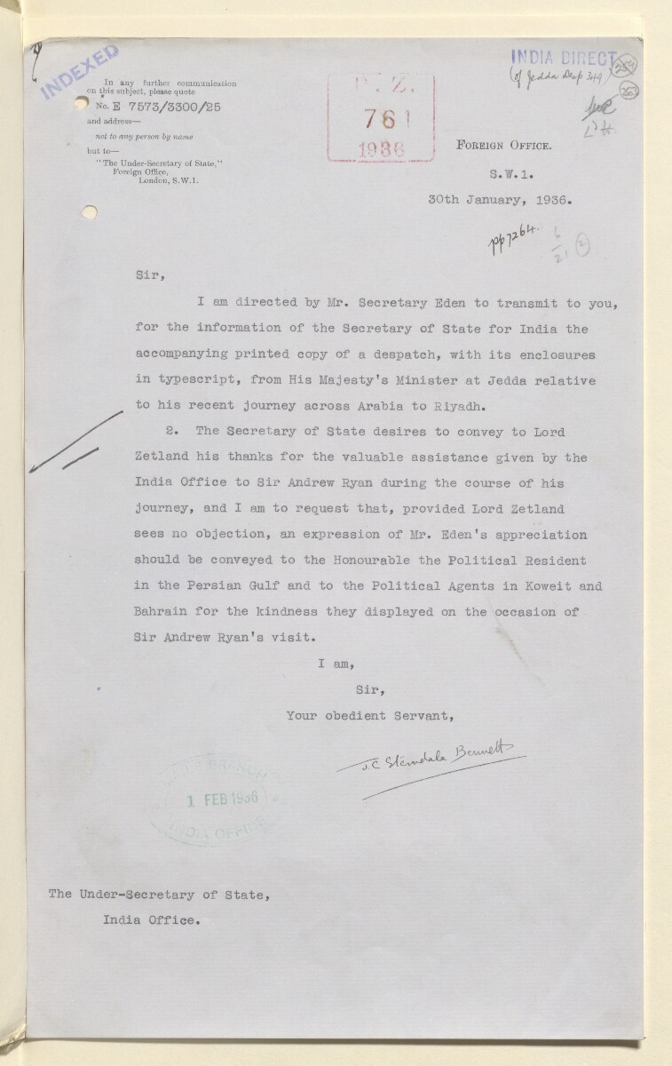 Coll 6/21(2) 'Saudi Arabia: Relations with H.M.G.: Saudi Legation in London and British Minister in Jeddah. Prolongation of Treaty of Jedda.' [&lrm;263r] (525/761)