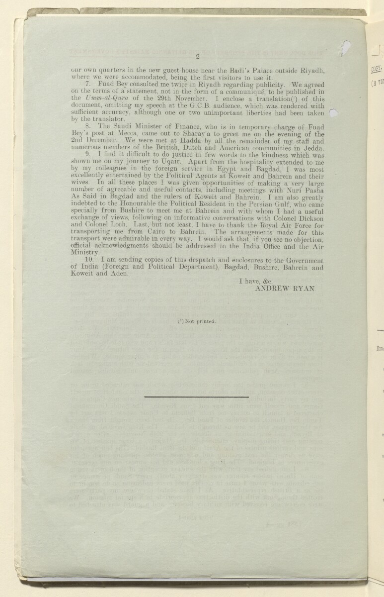 Coll 6/21(2) 'Saudi Arabia: Relations with H.M.G.: Saudi Legation in London and British Minister in Jeddah. Prolongation of Treaty of Jedda.' [&lrm;264v] (528/761)