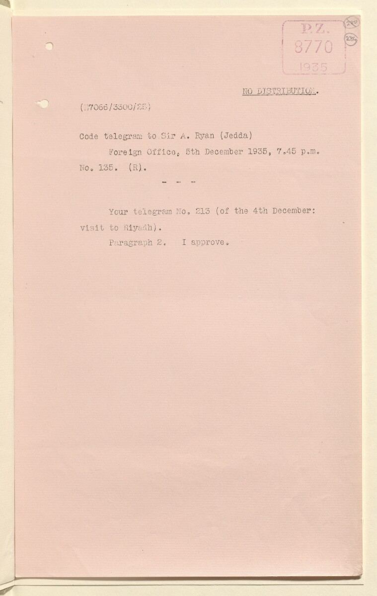 Coll 6/21(2) 'Saudi Arabia: Relations with H.M.G.: Saudi Legation in London and British Minister in Jeddah. Prolongation of Treaty of Jedda.' [&lrm;284r] (567/761)