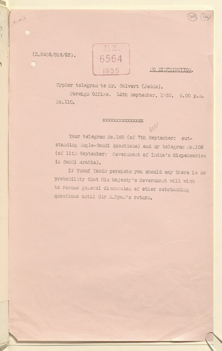 Coll 6/21(2) 'Saudi Arabia: Relations with H.M.G.: Saudi Legation in London and British Minister in Jeddah. Prolongation of Treaty of Jedda.' [&lrm;308r] (615/761)