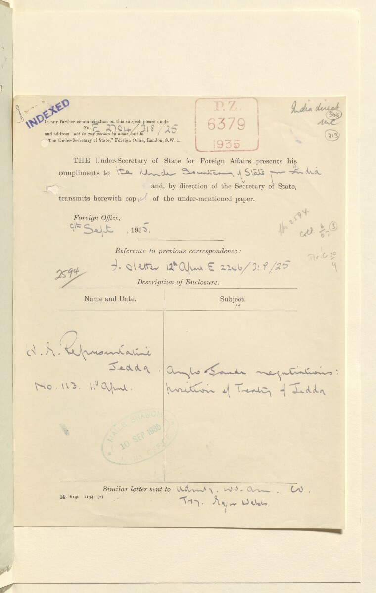 Coll 6/21(2) 'Saudi Arabia: Relations with H.M.G.: Saudi Legation in London and British Minister in Jeddah. Prolongation of Treaty of Jedda.' [&lrm;313r] (625/761)