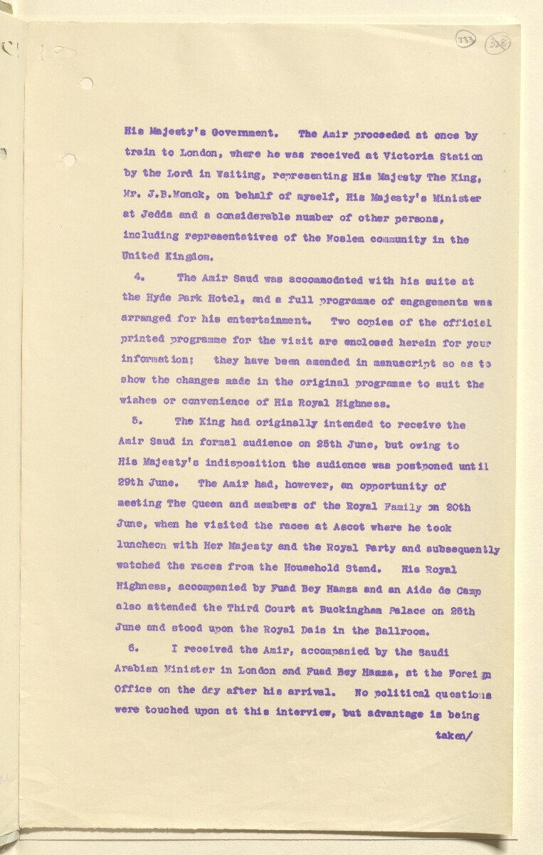 Coll 6/21(2) 'Saudi Arabia: Relations with H.M.G.: Saudi Legation in London and British Minister in Jeddah. Prolongation of Treaty of Jedda.' [&lrm;333r] (665/761)