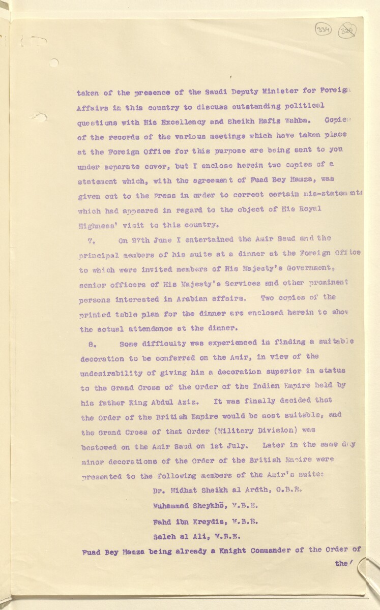 Coll 6/21(2) 'Saudi Arabia: Relations with H.M.G.: Saudi Legation in London and British Minister in Jeddah. Prolongation of Treaty of Jedda.' [&lrm;334r] (667/761)