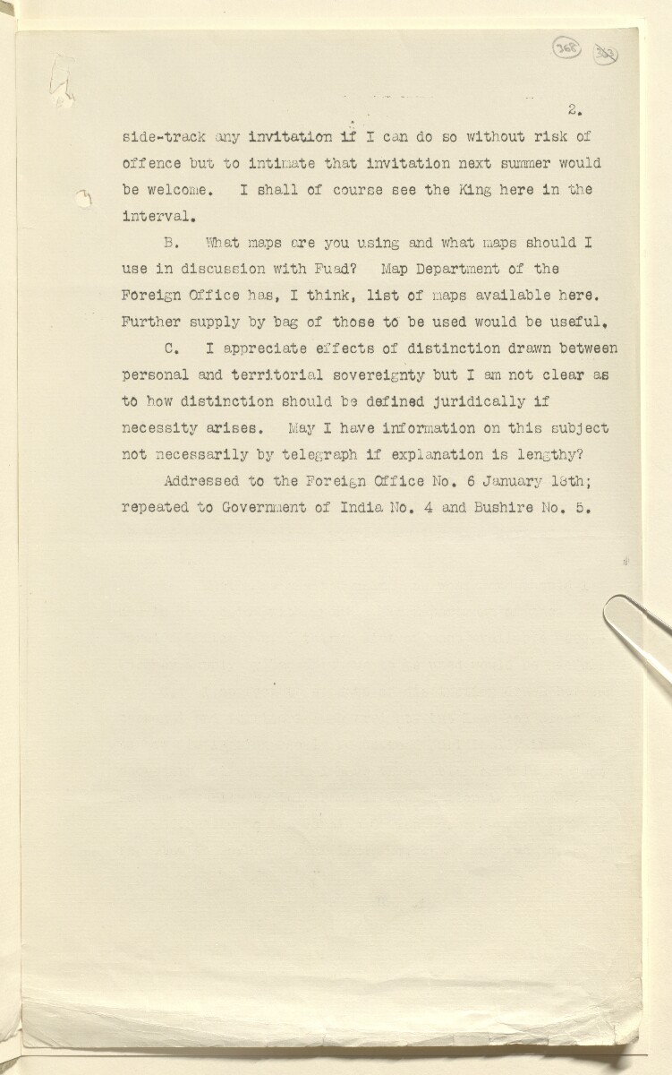 Coll 6/21(2) 'Saudi Arabia: Relations with H.M.G.: Saudi Legation in London and British Minister in Jeddah. Prolongation of Treaty of Jedda.' [&lrm;368r] (735/761)