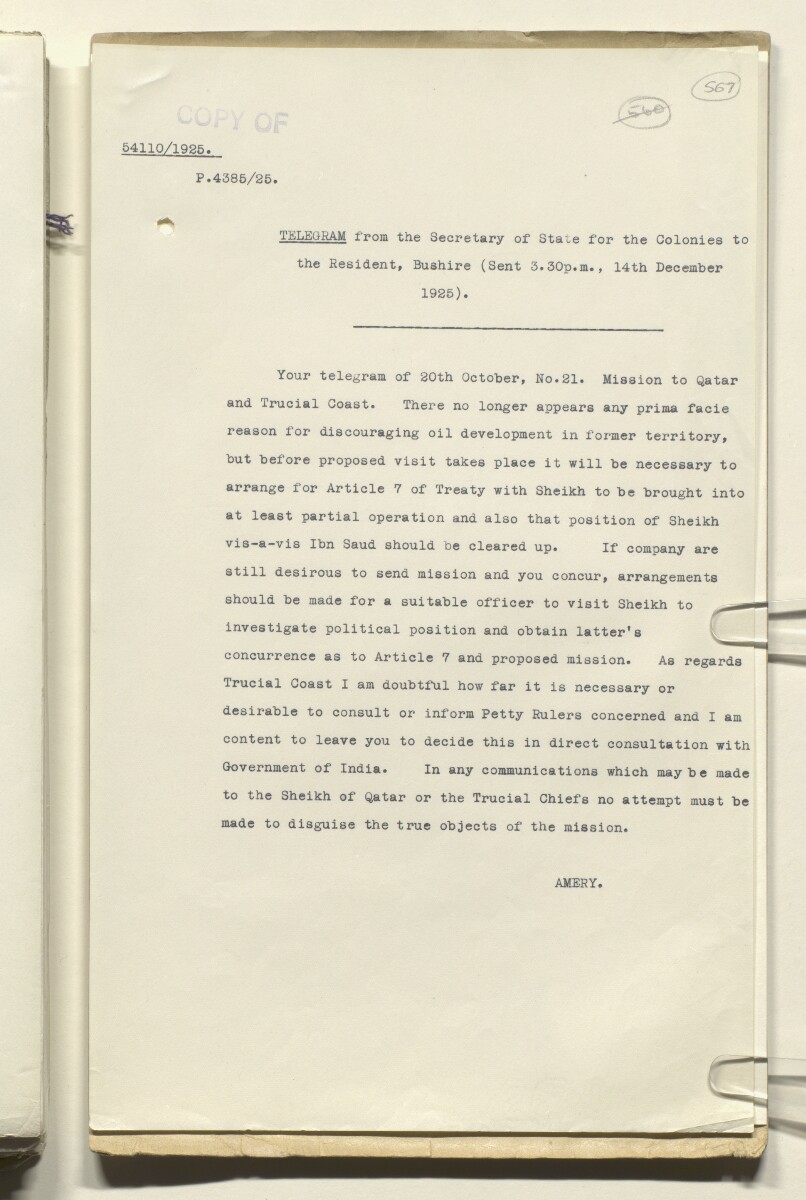 Coll 6/48 'Oil: Concessions in Saudi Arabia. (Hasa)' [&lrm;567r] (1135/1153)