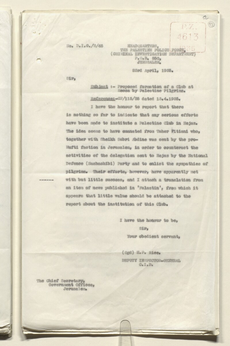 Coll 6/51 'Pan-Islamic Congress, 1933-5. Activities of Shaukat Ali, the Mufti of Jerusalem and others.' [&lrm;53r] (105/323)