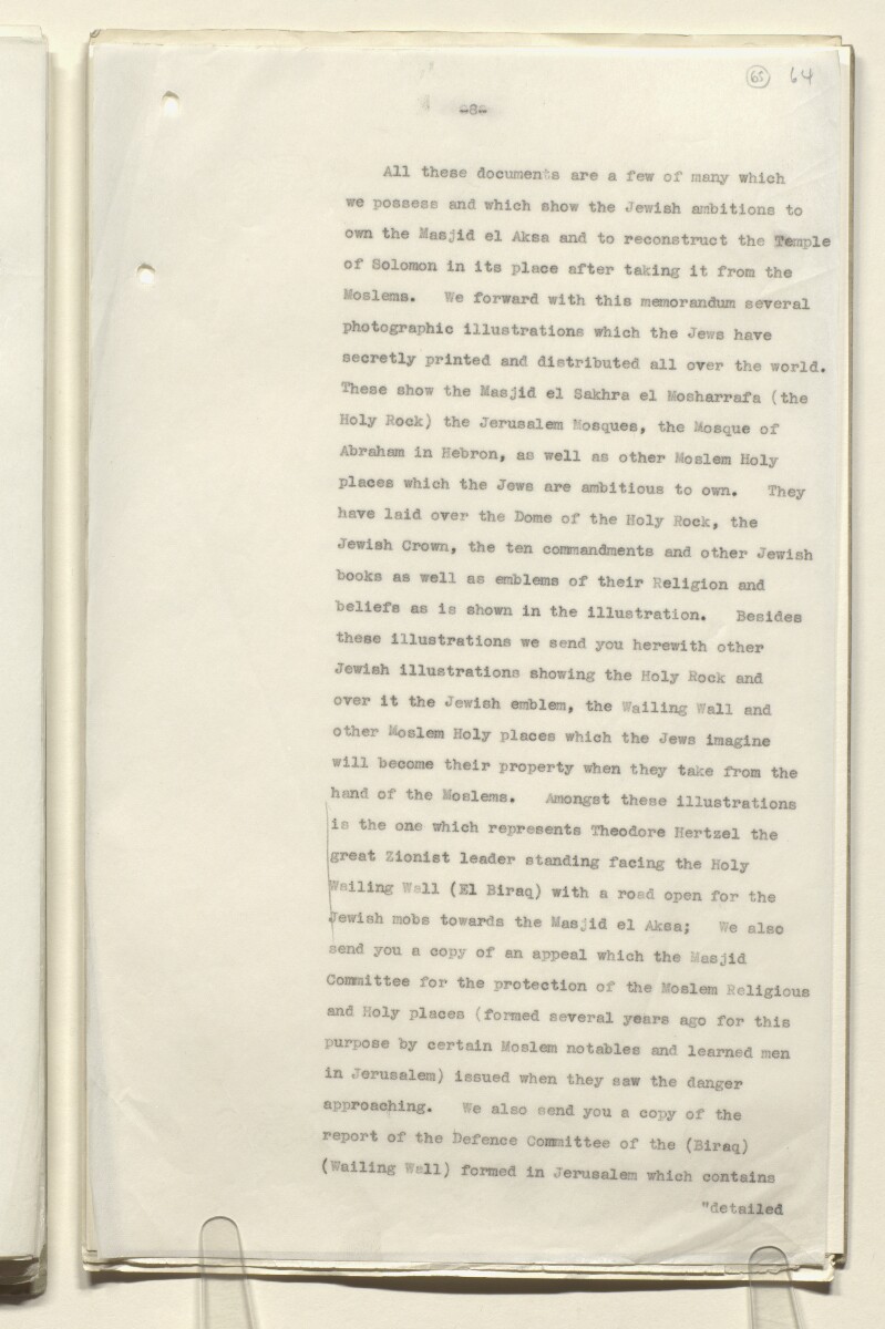 Coll 6/51 'Pan-Islamic Congress, 1933-5. Activities of Shaukat Ali, the Mufti of Jerusalem and others.' [&lrm;65r] (129/323)