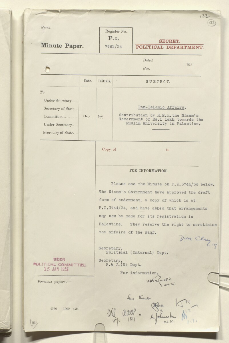 Coll 6/51 'Pan-Islamic Congress, 1933-5. Activities of Shaukat Ali, the Mufti of Jerusalem and others.' [&lrm;123r] (245/323)