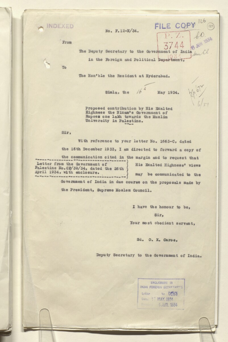 Coll 6/51 'Pan-Islamic Congress, 1933-5. Activities of Shaukat Ali, the Mufti of Jerusalem and others.' [&lrm;127r] (253/323)