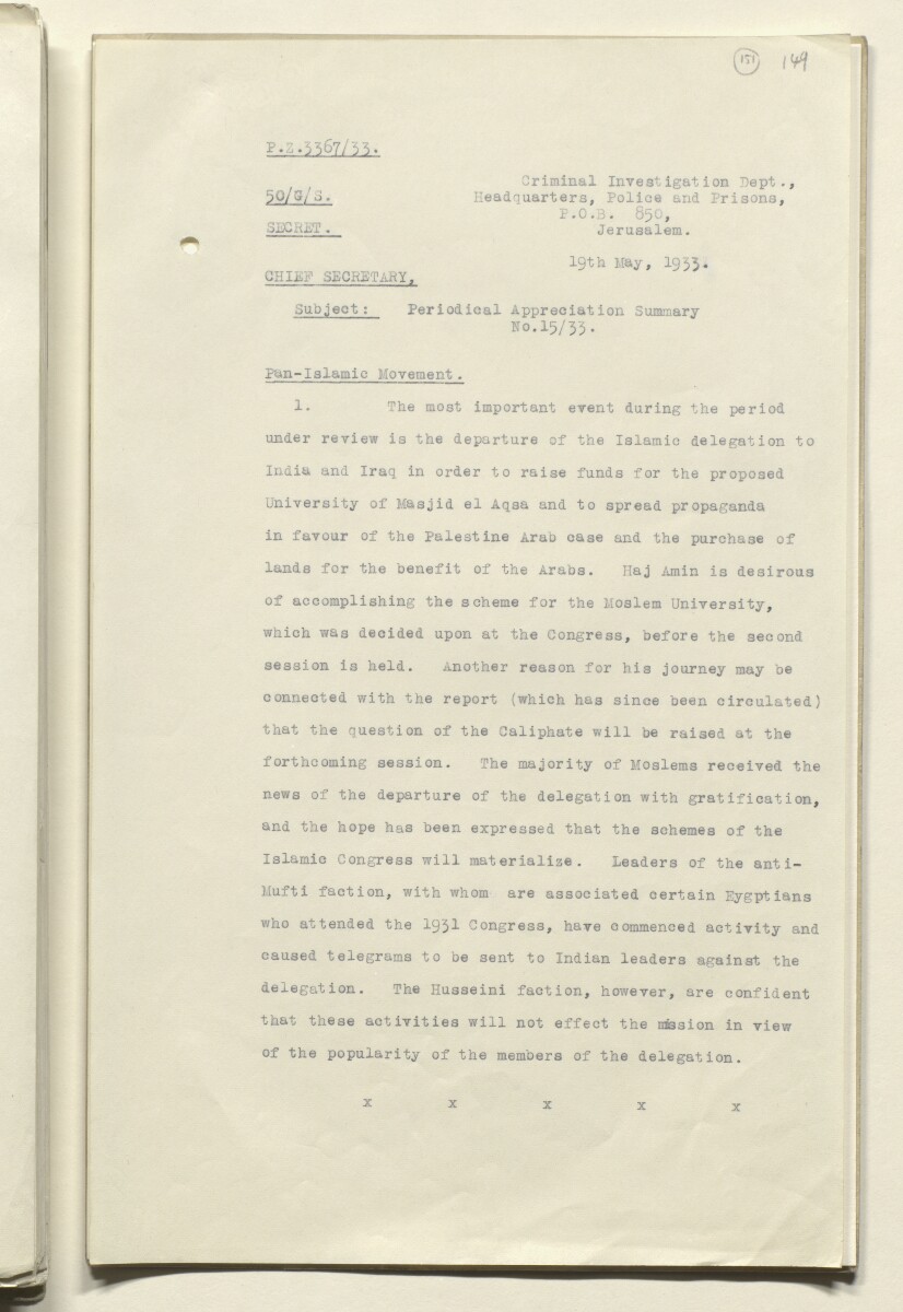 Coll 6/51 'Pan-Islamic Congress, 1933-5. Activities of Shaukat Ali, the Mufti of Jerusalem and others.' [&lrm;151r] (301/323)