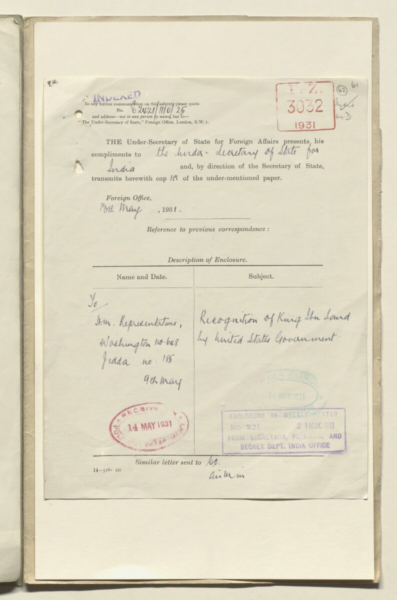 Coll 6/57 'U.S.A.: Saudi Relations with U.S.A.' [&lrm;62r] (123/132)