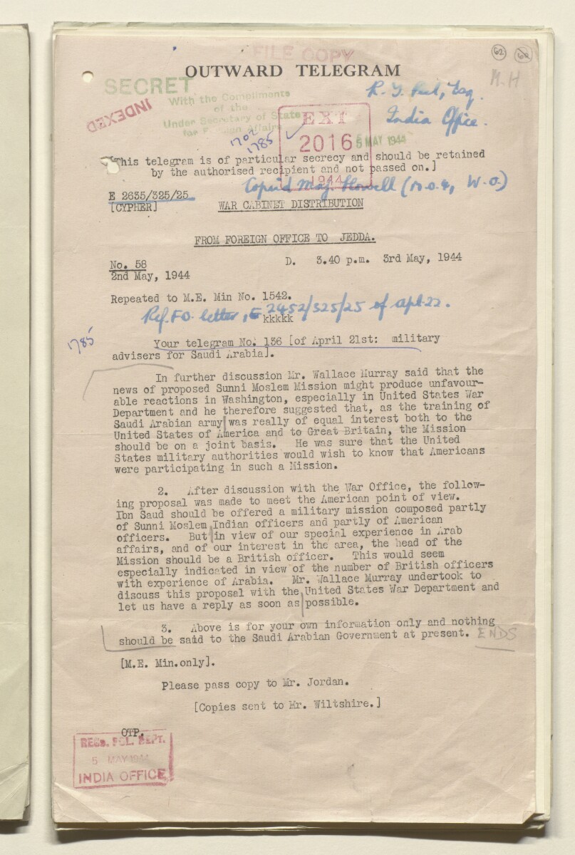 Coll 6/91 'Saudi Arabia. Policy of H.M.G. Qn. of credits and guarantee of assistance to Ibn Saud.' [&lrm;62r] (124/680)