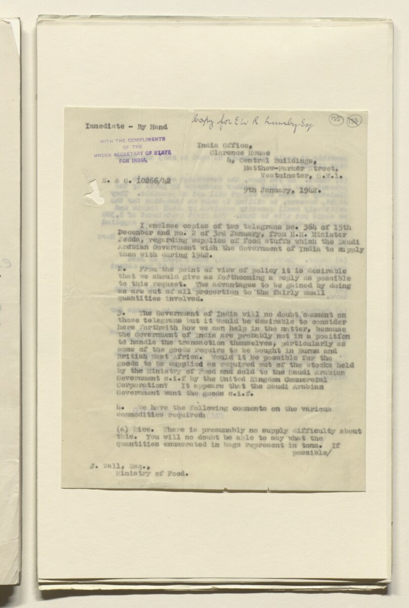 Coll 6/91 'Saudi Arabia. Policy of H.M.G. Qn. of credits and guarantee of assistance to Ibn Saud.' [&lrm;135r] (270/680)