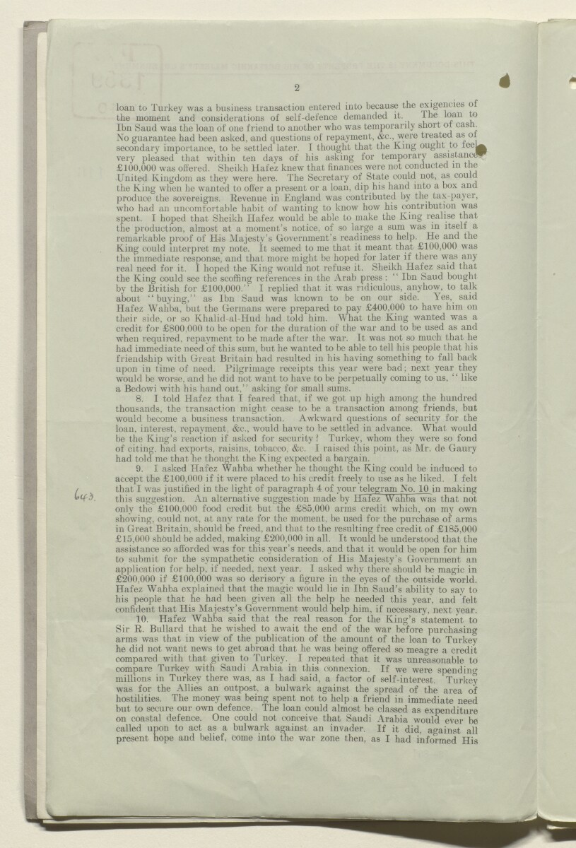 Coll 6/91 'Saudi Arabia. Policy of H.M.G. Qn. of credits and guarantee of assistance to Ibn Saud.' [&lrm;216v] (433/680)