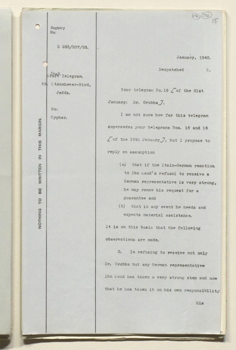 Coll 6/91 'Saudi Arabia. Policy of H.M.G. Qn. of credits and guarantee of assistance to Ibn Saud.' [&lrm;276r] (552/680)