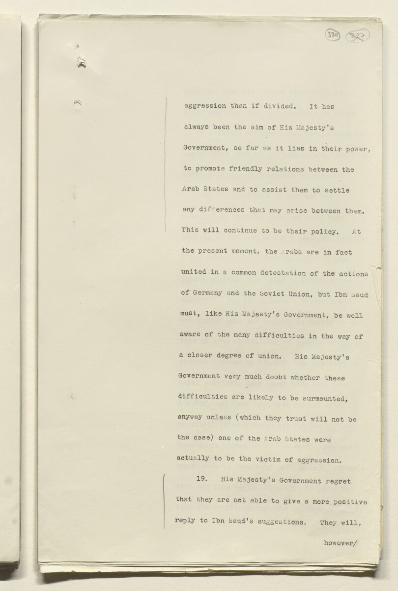 Coll 6/91 'Saudi Arabia. Policy of H.M.G. Qn. of credits and guarantee of assistance to Ibn Saud.' [&lrm;330r] (660/680)