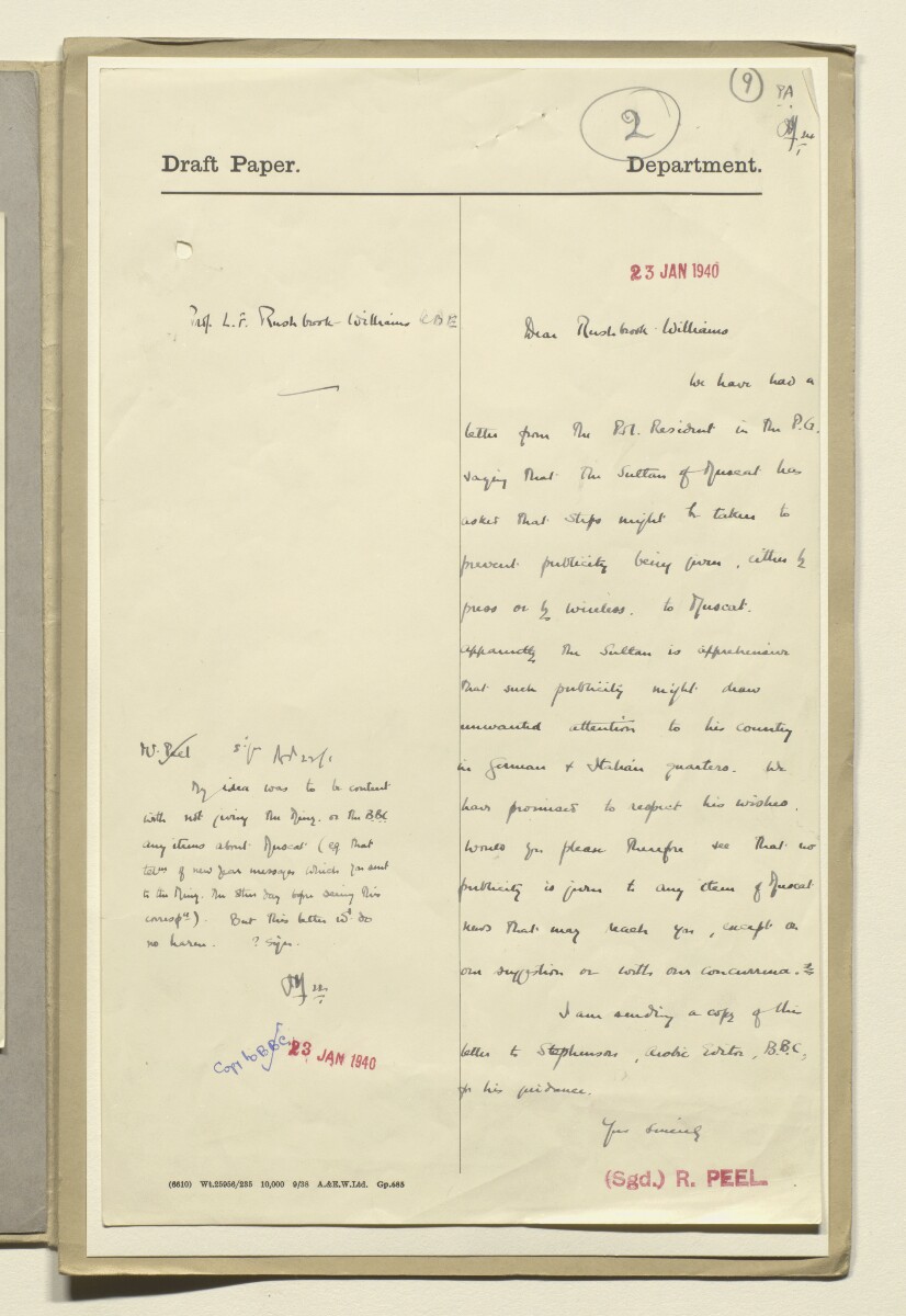 Coll 20/35 'Sultan of Muscat's desire to avoid wireless and press publicity during wartime' [&lrm;9r] (19/36)