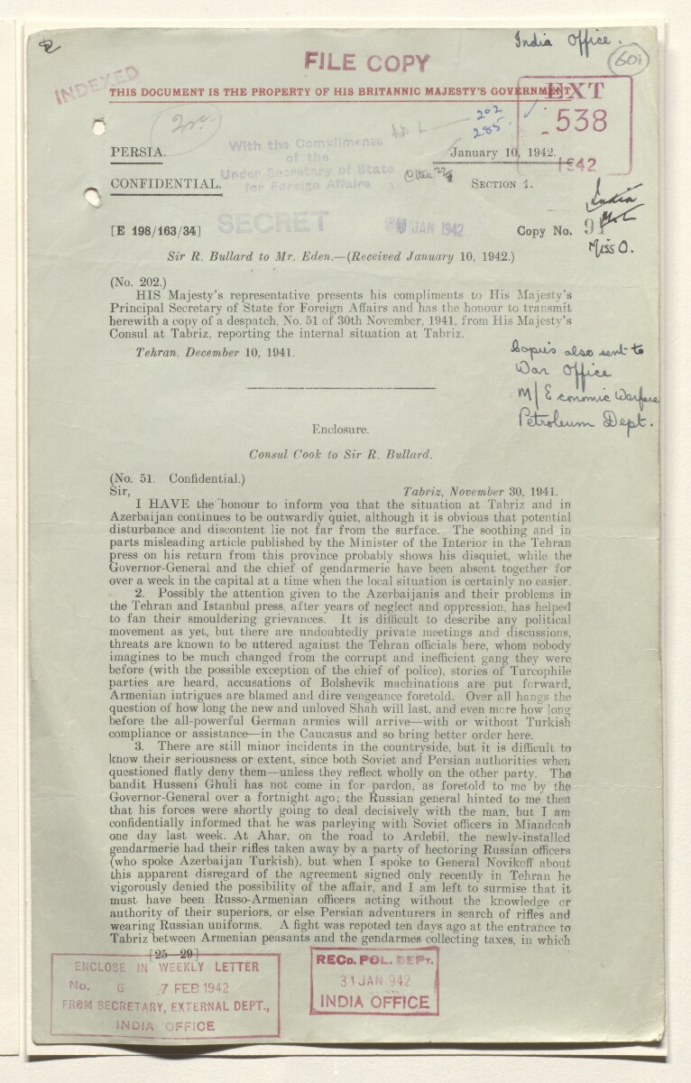 Coll 28/112A ‘Persia. Tabriz – Monthly despatches of internal situation in Azerbaijan & misc. reports.’ [&lrm;601r] (1204/1237)