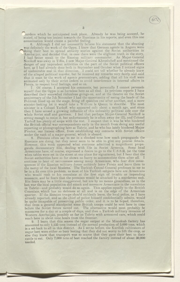 Coll 28/112A ‘Persia. Tabriz – Monthly despatches of internal situation in Azerbaijan & misc. reports.’ [&lrm;602r] (1206/1237)