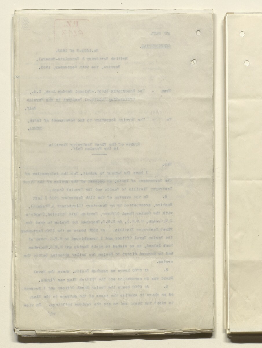 Coll 30/56 'Persian Gulf. Visit of 1st Destroyer Flotilla to: 1933. Durbar of Trucial Sheikhs at Debai [Dubai]. Reaffirmation of Lord Curzon's Statement of Policy in 1903' [&lrm;22v] (44/161)