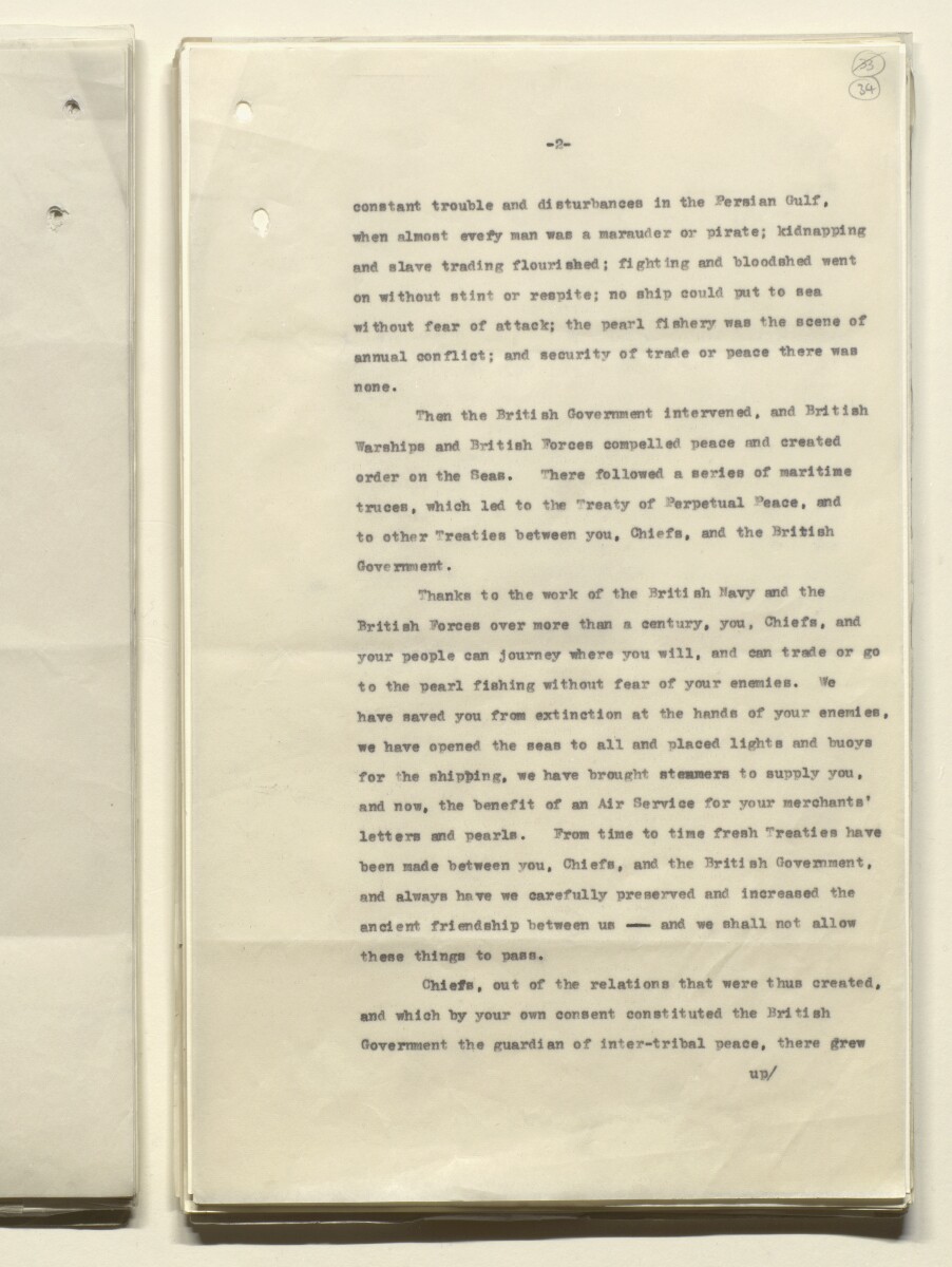 Coll 30/56 'Persian Gulf. Visit of 1st Destroyer Flotilla to: 1933. Durbar of Trucial Sheikhs at Debai [Dubai]. Reaffirmation of Lord Curzon's Statement of Policy in 1903' [&lrm;34r] (67/161)