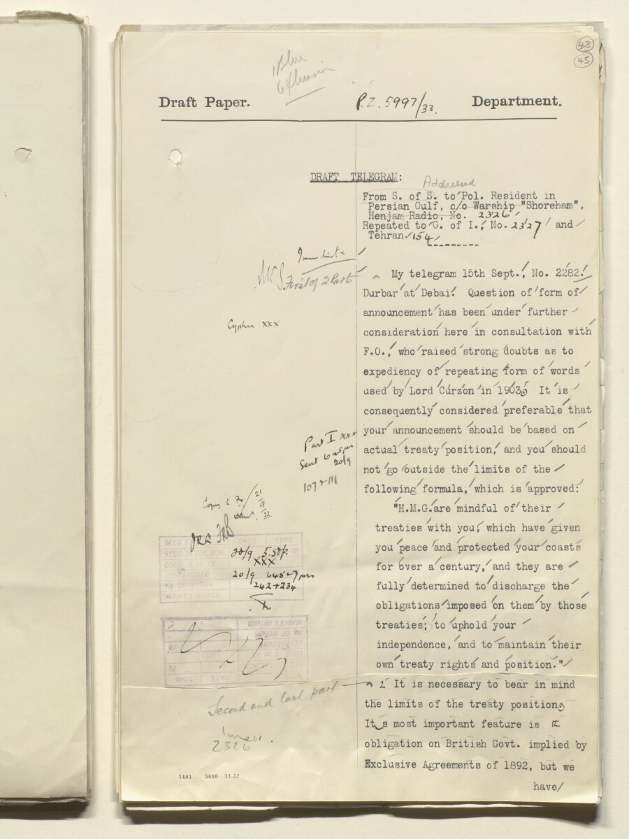 Coll 30/56 'Persian Gulf. Visit of 1st Destroyer Flotilla to: 1933. Durbar of Trucial Sheikhs at Debai [Dubai]. Reaffirmation of Lord Curzon's Statement of Policy in 1903' [&lrm;45r] (89/161)
