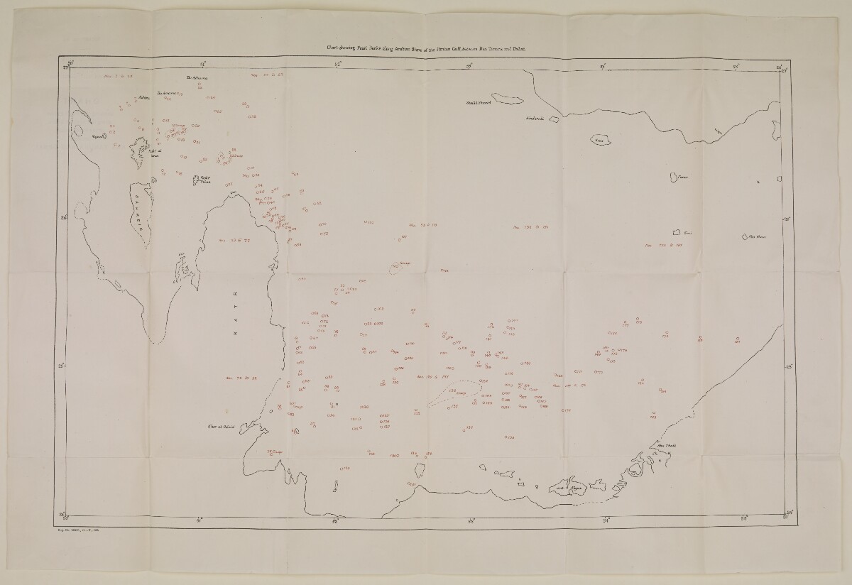 'Pocket No. 25: Enclosure to Part III of Volume I of the Persian Gulf Gazetteer: Chart showing the Pearl Banks along the Arabian Shore of the Persian Gulf between Ras Tanura and Debai' [&lrm;27v] (2/2)