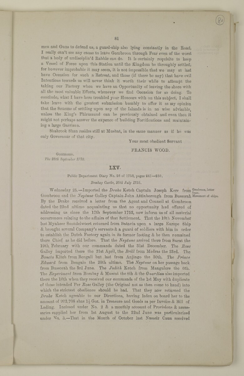 'Selections from State Papers, Bombay, regarding the East India Company's Connection with the Persian Gulf, with a Summary of Events, 1600-1800' [&lrm;80r] (159/540)