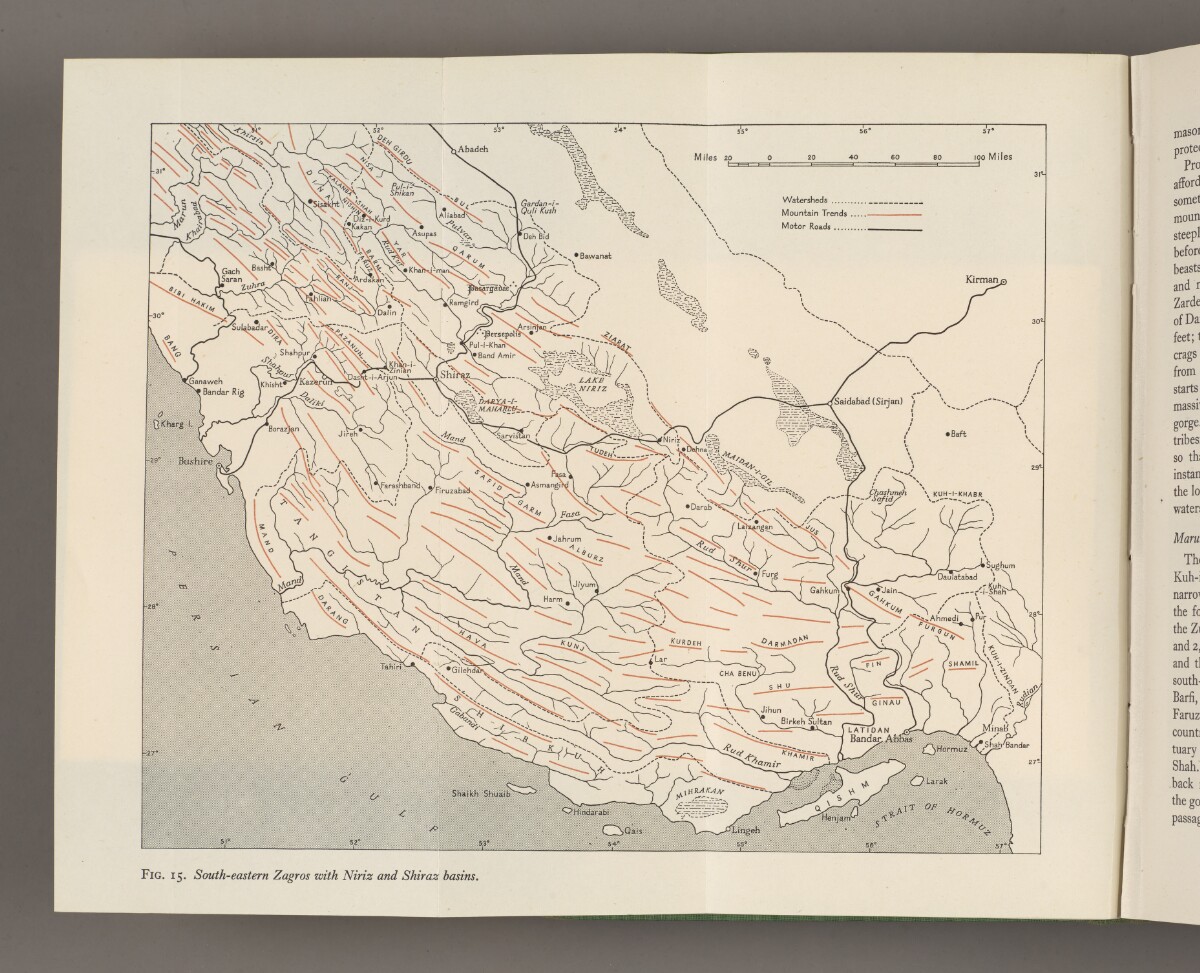 ‘FIG. 15. South-eastern Zagros with Niriz [Neyriz] and Shiraz basins.’ [&lrm;64v] (2/2)