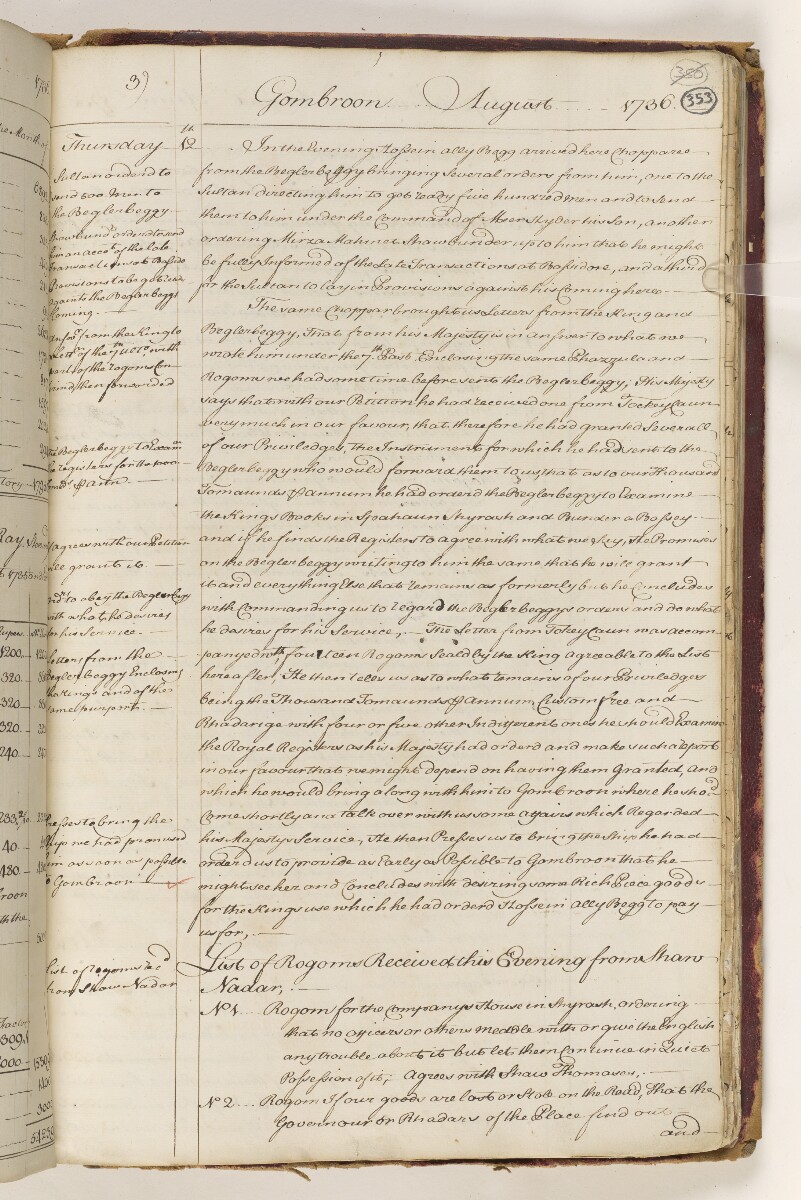 Diary and Consultations of Mr William Cockell, Agent of the East India Company at Gombroon [Bandar-e ʻAbbās] in the Persian Gulf, commencing August 1736 and ending July 1737 [&lrm;353r] (7/78)
