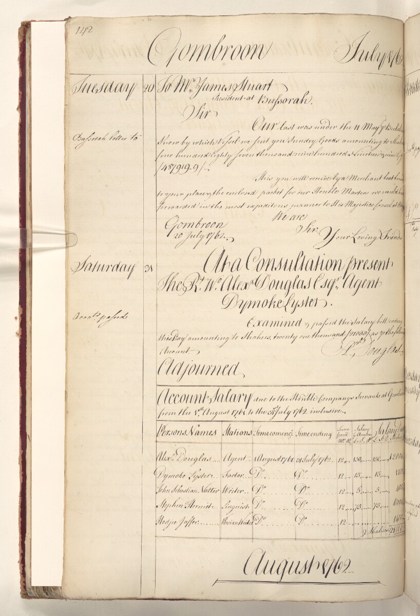 Diary and Consultations of Mr Alexander Douglas, Agent of the East India Company at Gombroon [Bandar-e ʻAbbās] in the Persian Gulf, commencing 2 December 1761 and ending 7 February 1763. [&lrm;72v] (153/218)