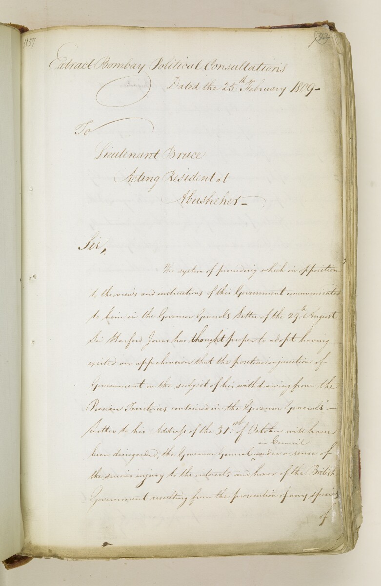 'Extract of Bombay Political Consultations, 25 February to 15 March 1809, relative to Persia' [&lrm;362r] (3/130)