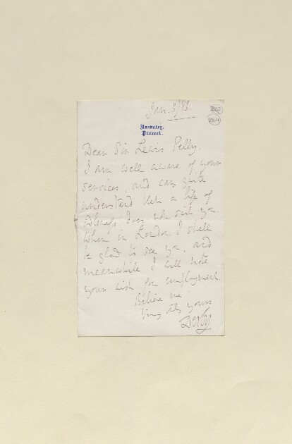 Letter from Lord Derby (Edward Stanley, 15th Earl of Derby), Knowsley ...