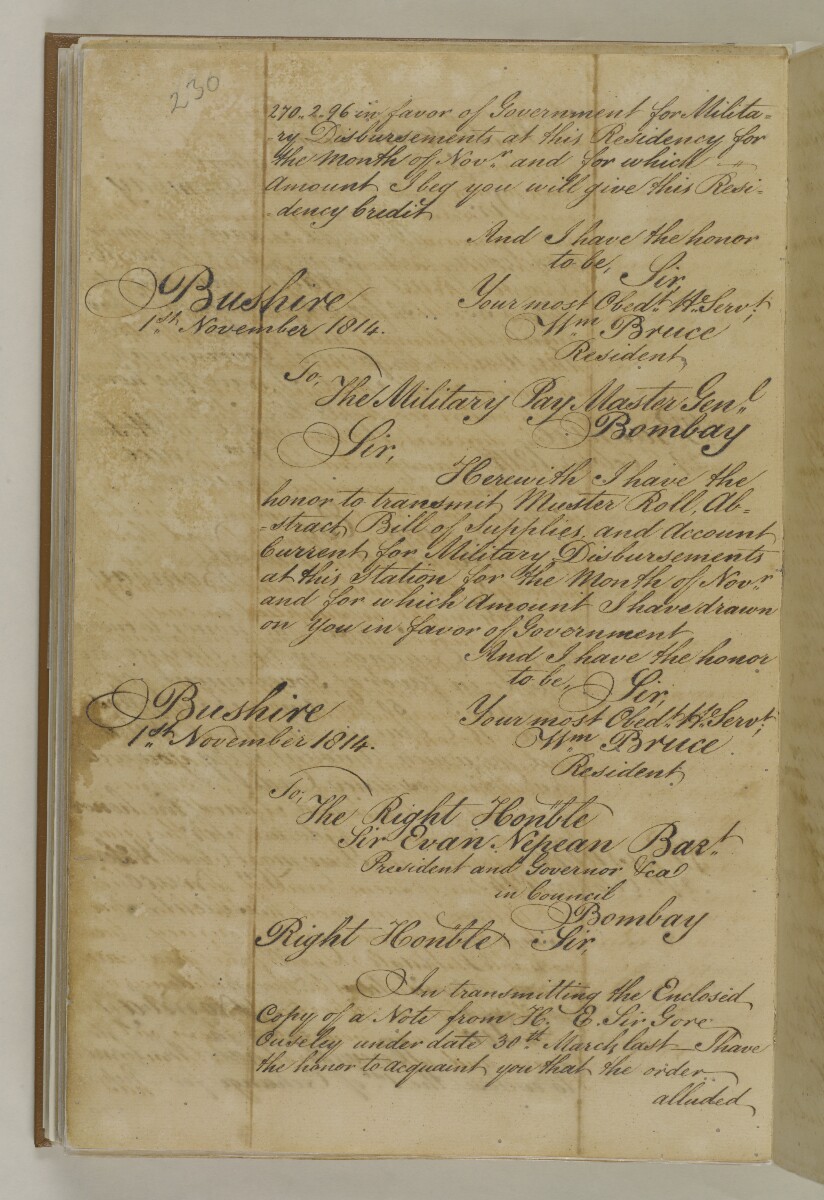 Letter from Lieutenant William Bruce, Resident, Bushire, to the Military Paymaster General, Bombay [&lrm;125v] (1/1)