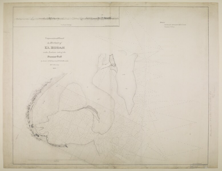 Trigonometrical plan of the harbour of El Biddah on the Arabian side of the Persian Gulf. By Lieuts. J. M. Guy and G. B. Brucks, H. C. Marine. Drawn by Lieut. M. Houghton. IOR/X/3694