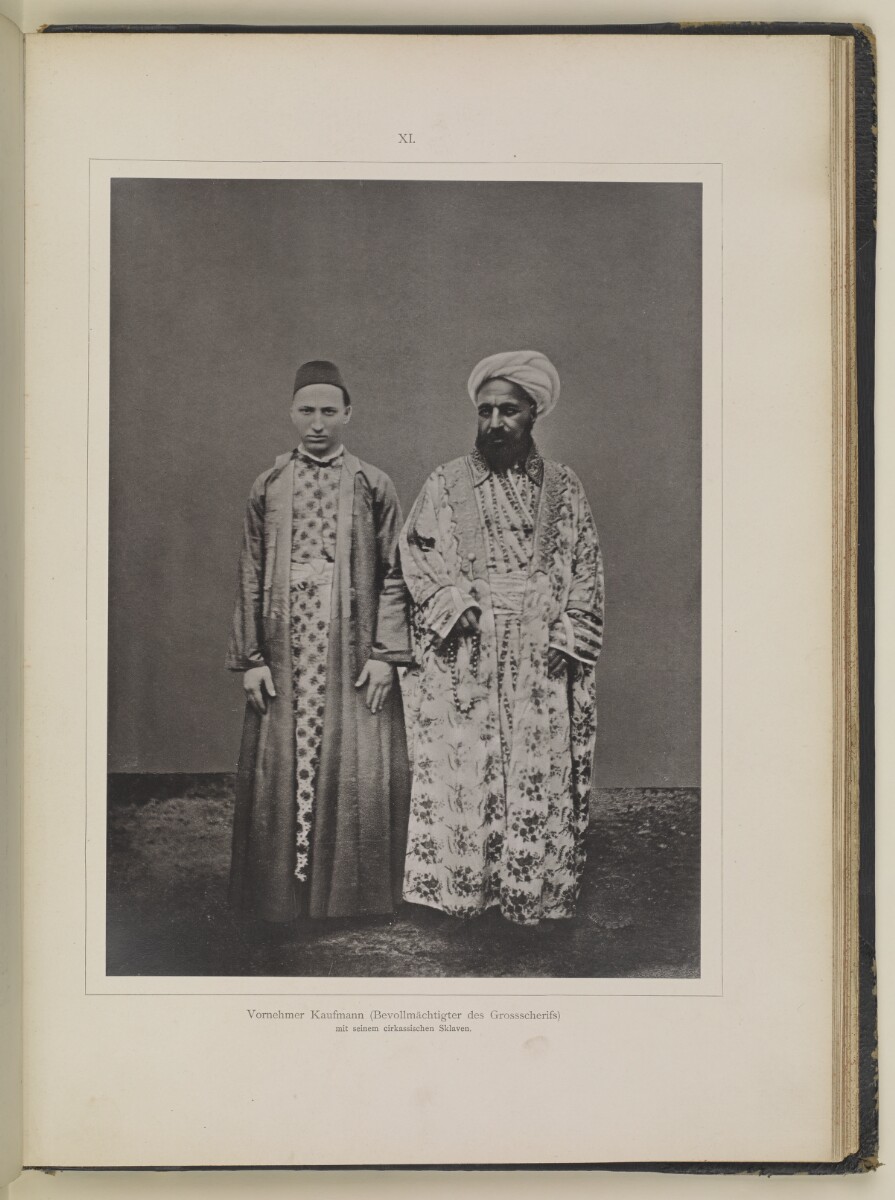'Vornehmner Kaufmann (Bevollmächtigter des Grossscherifs) mit seinem cirkassischen Sklaven'. Photographer: al-Sayyid ʻAbd al-Ghaffār [&lrm;13r] (1/1)